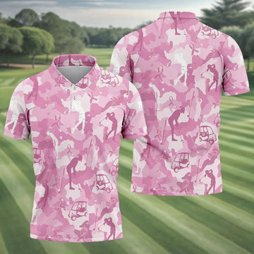 Pink Camo Golfer Breast Cancer Ribbon Polo Shirt, Golf Shirts For Men, Mens Golf Apparel