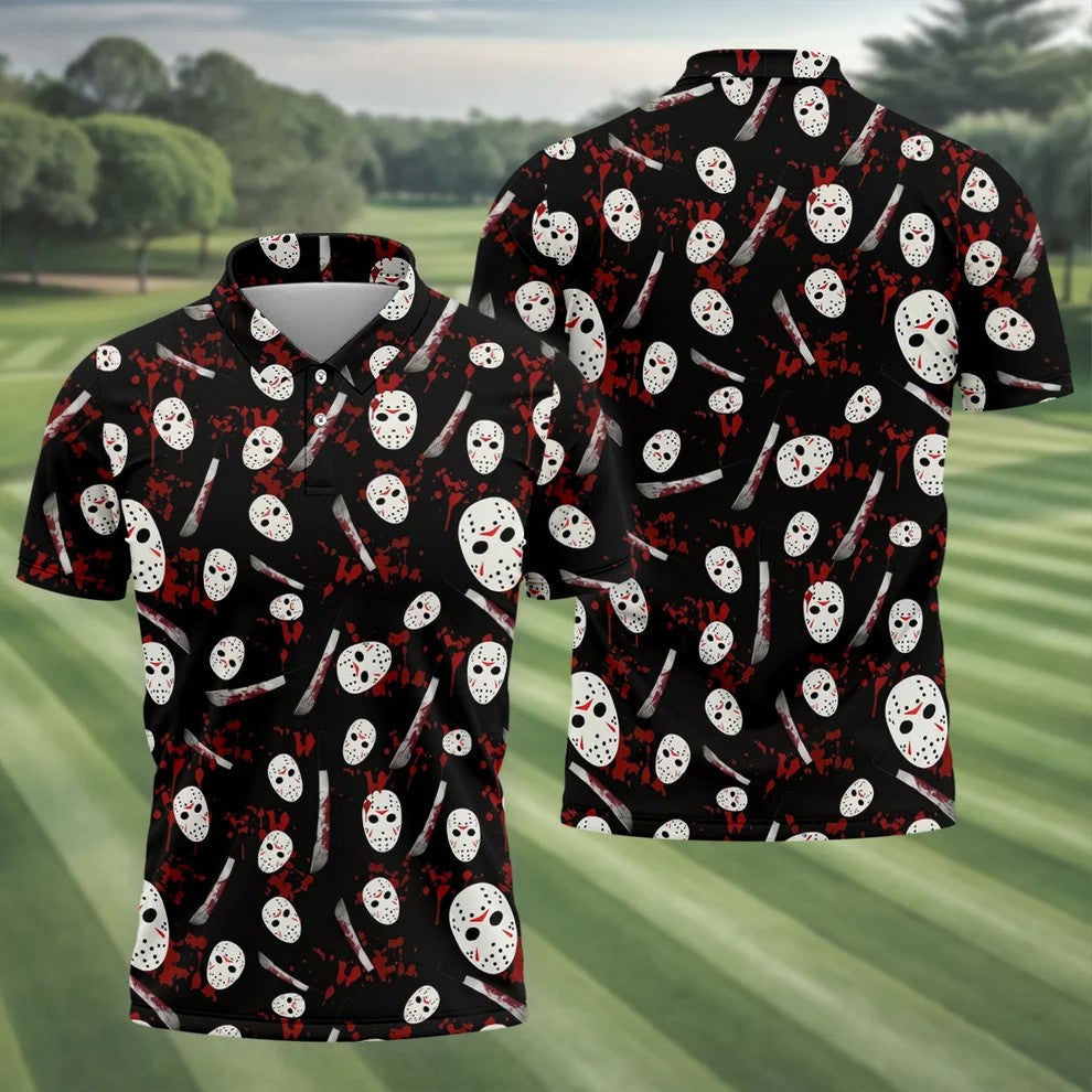 Hockey Mask Blood Pattern Halloween Golf Polo Shirt, Mens Golf Shirts, Printed Golf Shirts