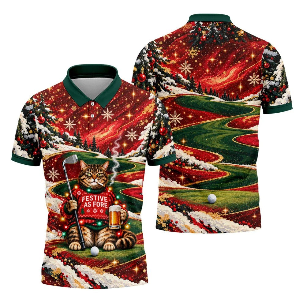 Cat Beer Snow Christmas Golf Shirt, Golf Shirts For Men, Mens Holiday Golf Shirts