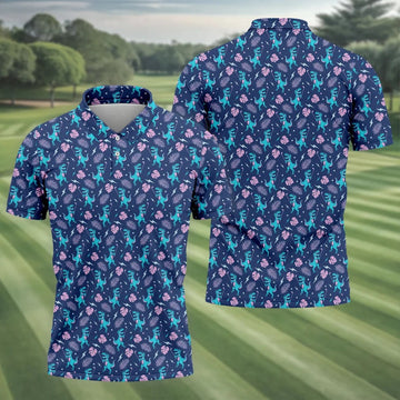 Funny Dinosaur Golfer Tropical Pattern Polo Shirt, Mens Golf Polo, Printed Golf Shirts