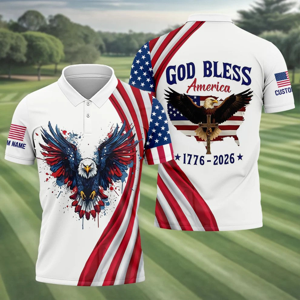 God Bless America 250 Years US Flag Golf Shirt, Patriotic 4th Of July Golf Shirts For Men