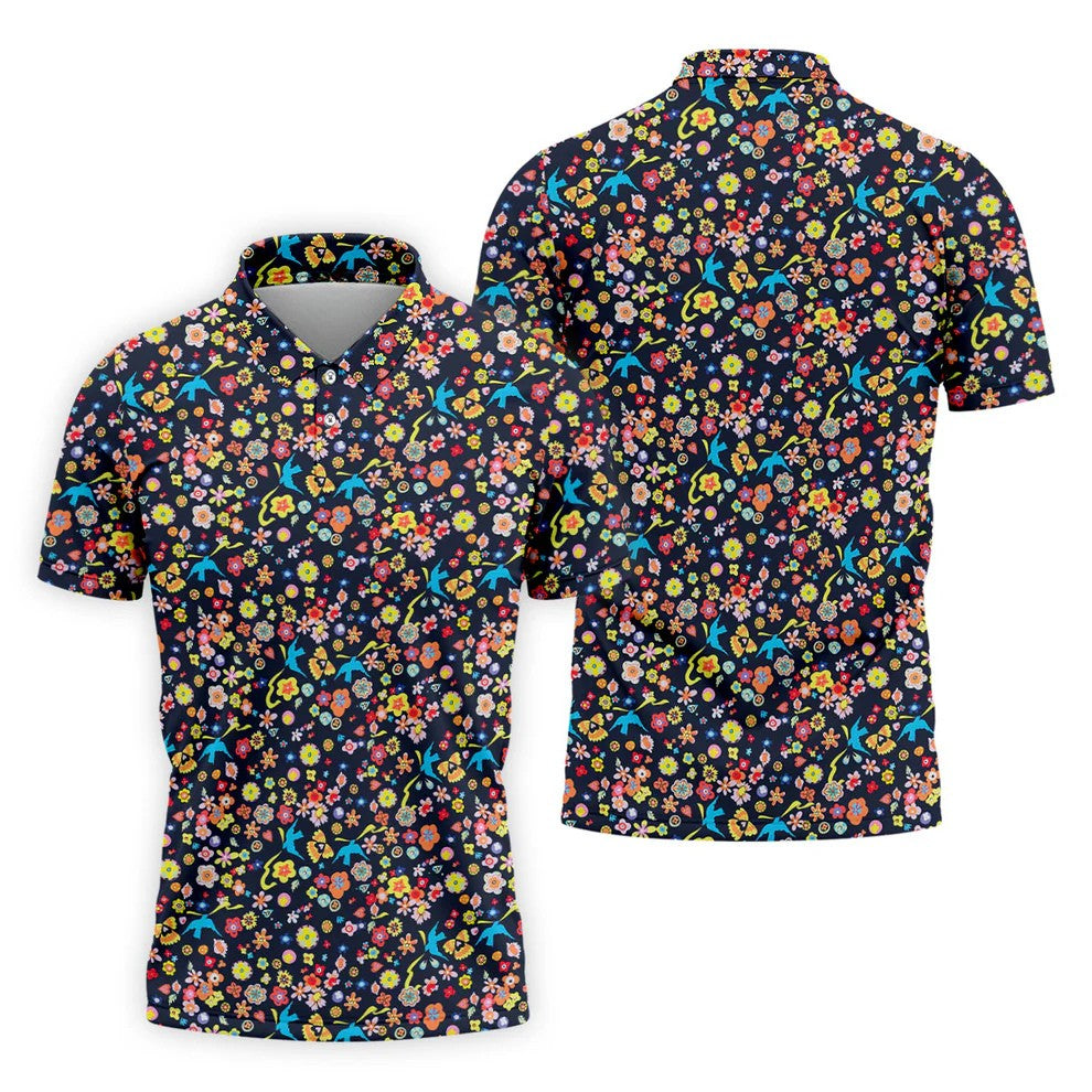 Colorful Floral Bird Garden Golf Shirt, Mens Golf Polo, Printed Golf Shirts