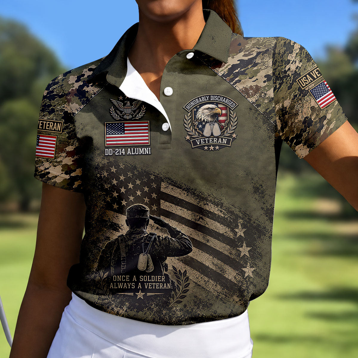 DD-214 Honorably Discharged Camo Polo Shirt, Womens Golf Polo, Veterans Day Shirt