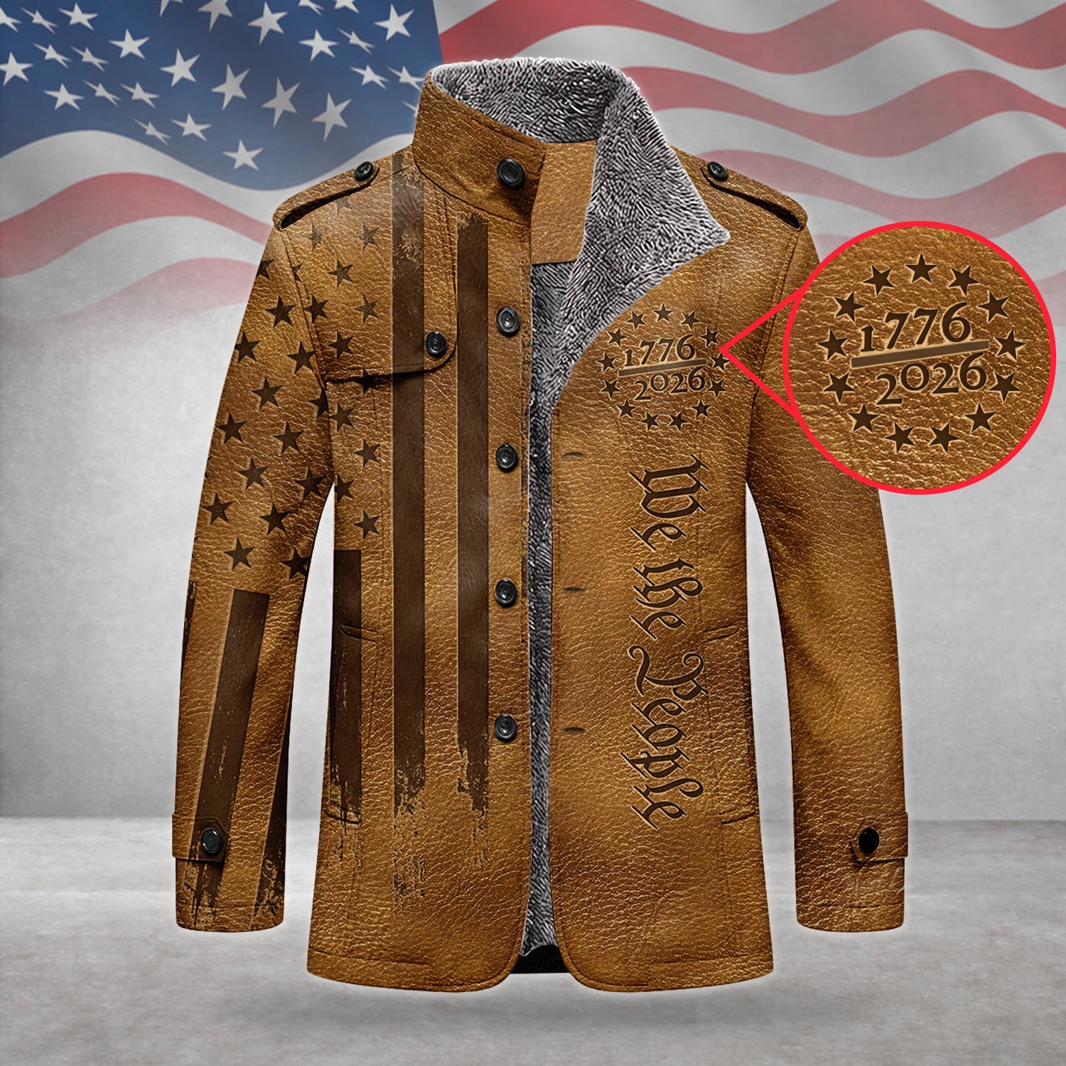 We The People 250 Years Distressed Flag Men's Cold Premium Weather Jacket, Leather Trench Coat