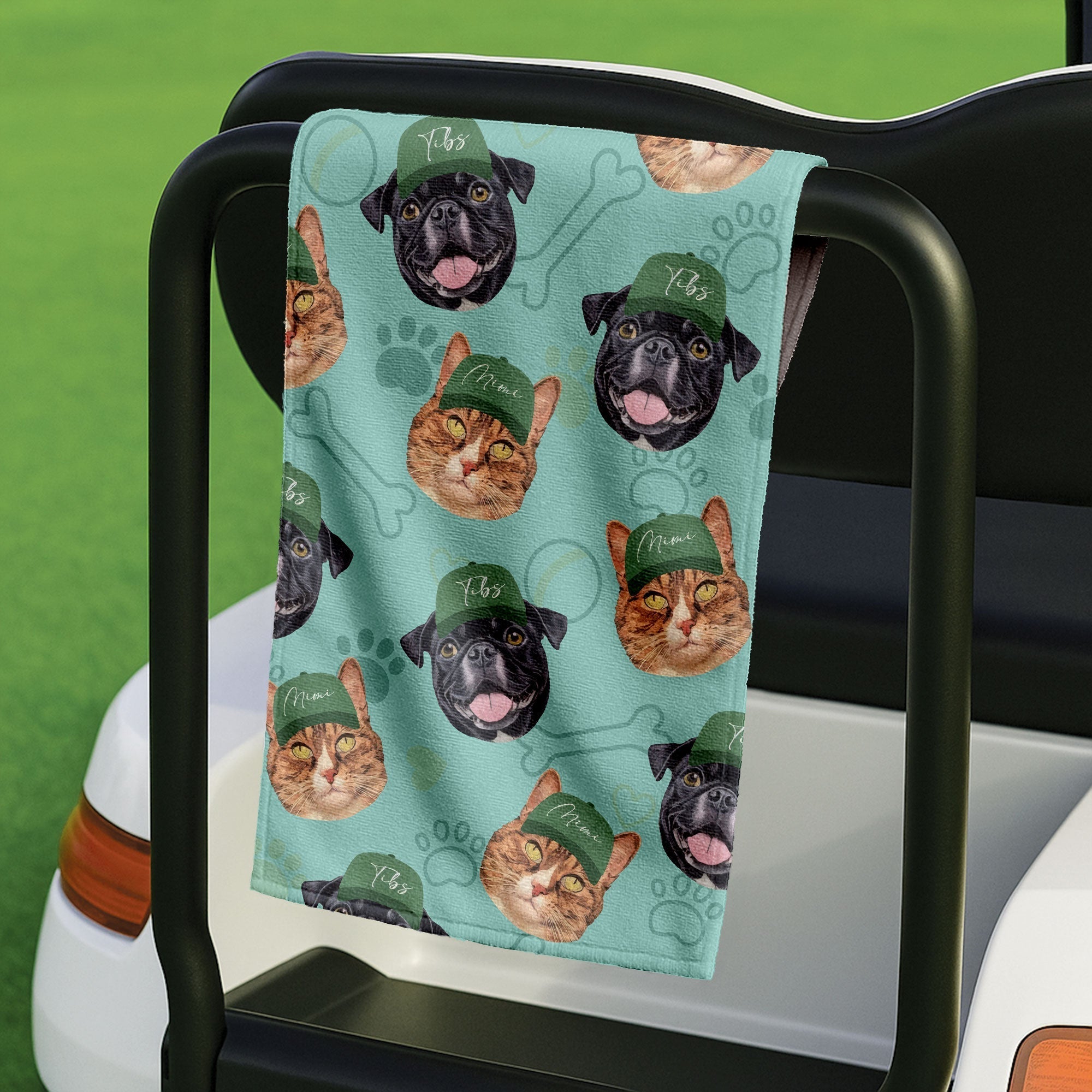 Pet Dog and Cat Face Golf Towel with Green Caps, Funny Golf Towel, Golf Accessories Gift