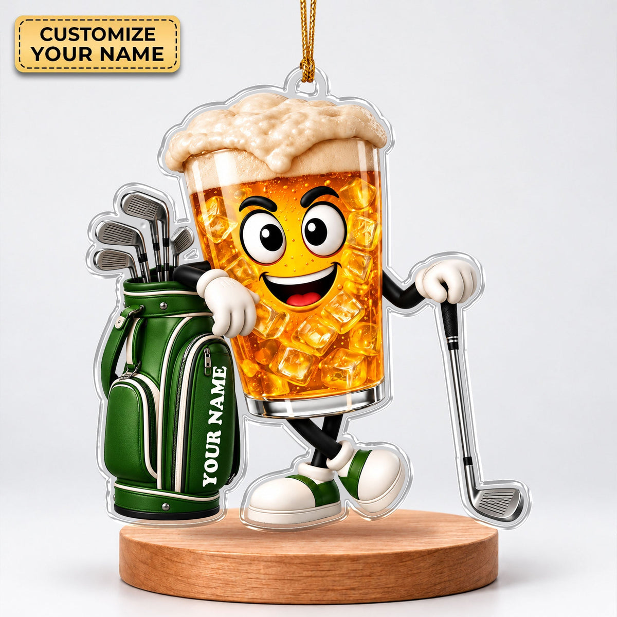Custom Name Beer Glass Golf Acrylic Ornament, Golf Lover Gifts, Christmas Ornaments