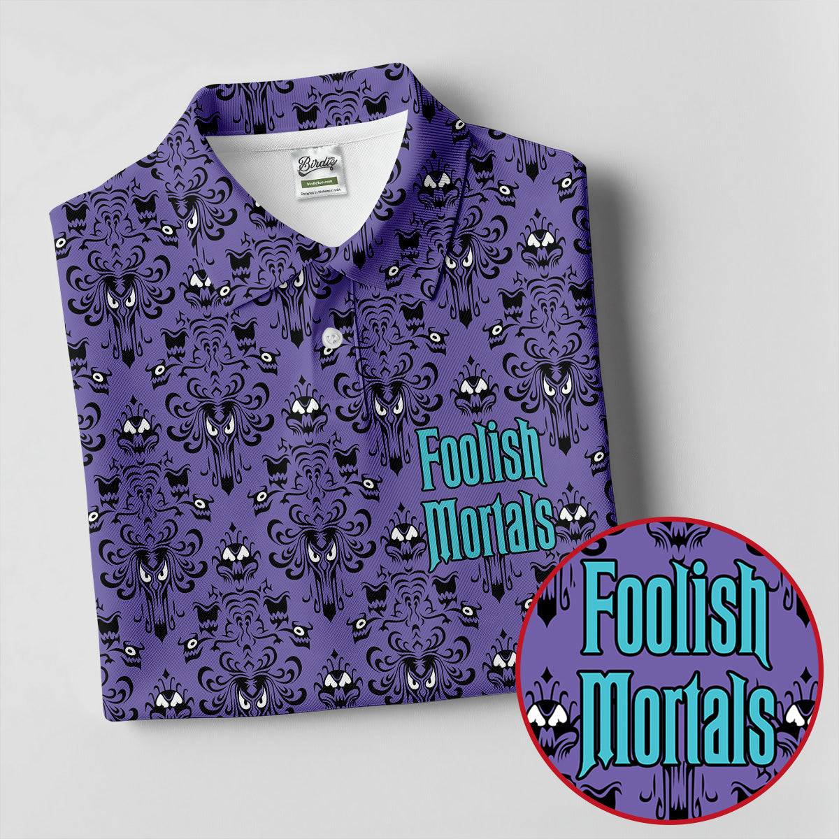 Foolish Mortals Haunted Pattern Golf Polo Shirt, Women's Halloween Shirt, Womens Golf Tops