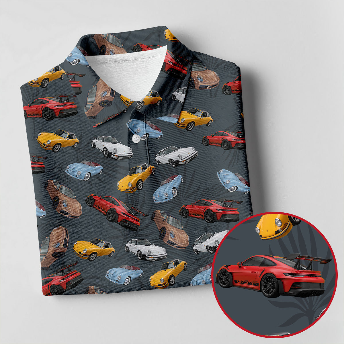 Charcoal Vintage Sports Car Pattern Golf Polo Shirt, Men's Golf Shirt, Golf Polo Shirts For Men
