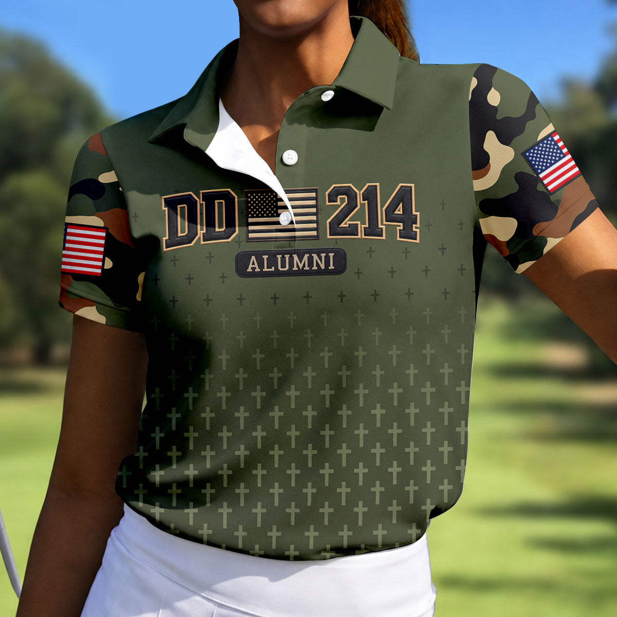 DD-214 Alumni Flag Cross Camo Polo Shirt, Veterans Day Shirt, Golf Tops For Women