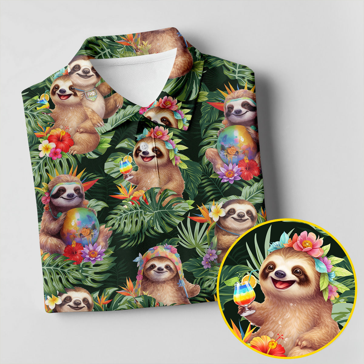 Funny Sloth Hawaiian Summer Golf Tops For Men, Hawaiian Golf Shirts, Polo Shirts For Men