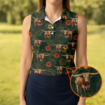 Texas Longhorn Tropical Pattern Golf Polo Shirt, Women's Golf Tops, Ladies Golf Shirts