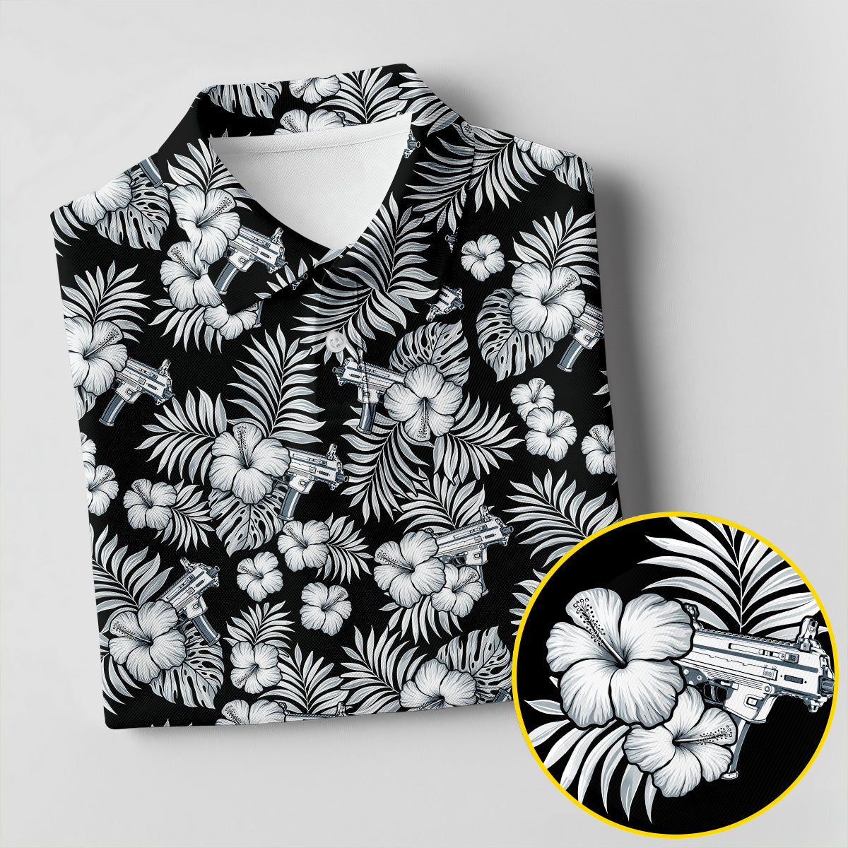 Black And White Pattern Tropical Hawaiian Golf Shirt, Summer Theme Golf Shirts For Men