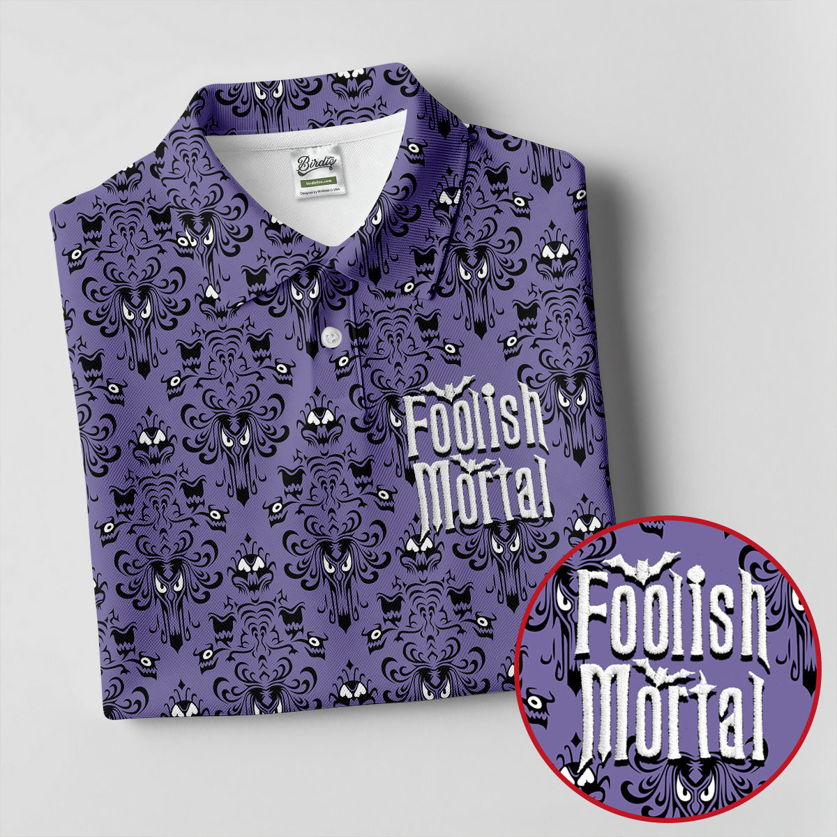 Foolish Mortal Haunted Pattern Golf Polo Shirt, Women's Golf Apparel, Halloween Shirt