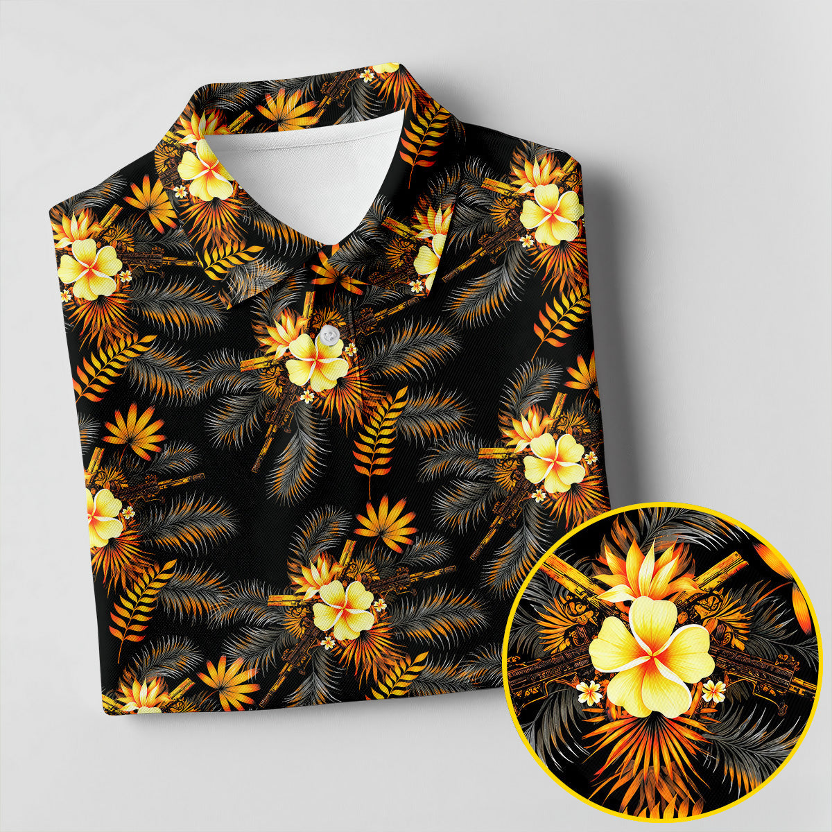 Yellow Hibiscus Flower Black Hawaiian Golf Shirt, Tropical Vibe Golf Shirts For Men