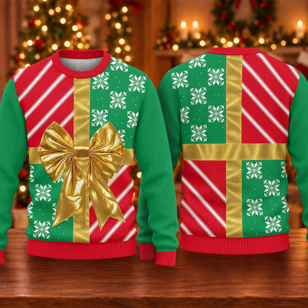 Gold Bow Gift Wrap Ugly Christmas Sweater, Funny Christmas Sweaters, Christmas Gifts
