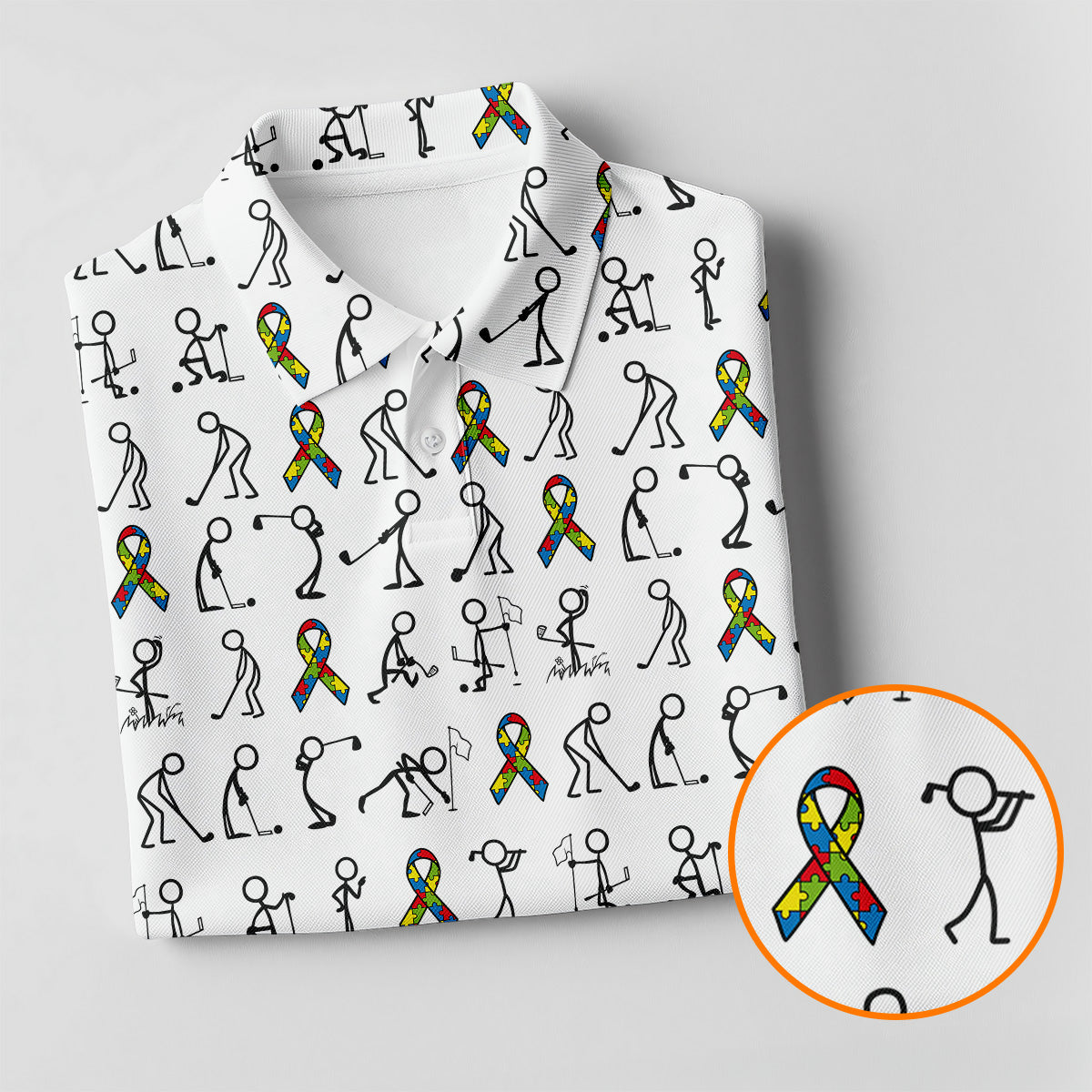 Stick Figure Golf Pose Autism Ribbon White Golf Shirt, Autism Awareness Colors Ladies Golf Polos