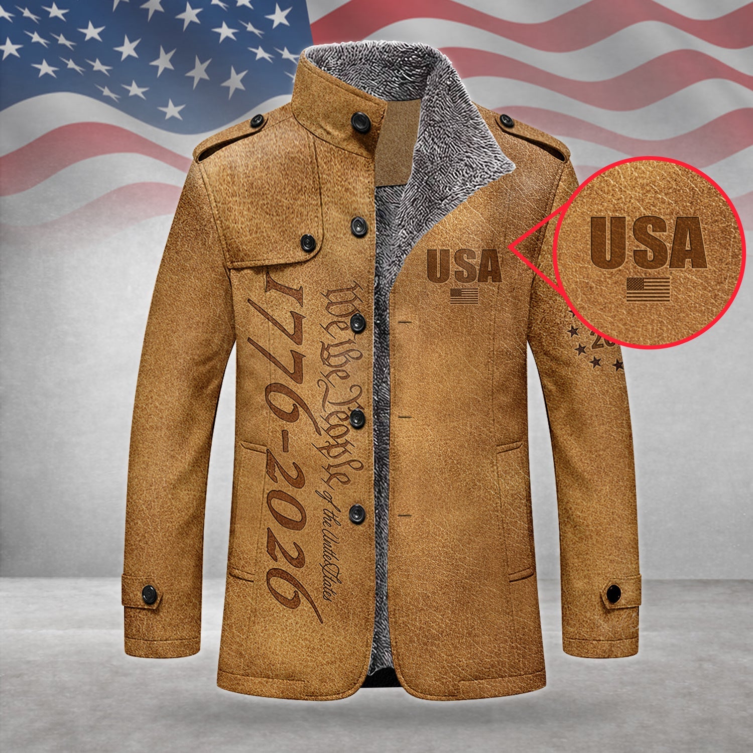 We The People 250 Years Silver Flag Men's Cold Premium Weather Jacket, Leather Trench Coat
