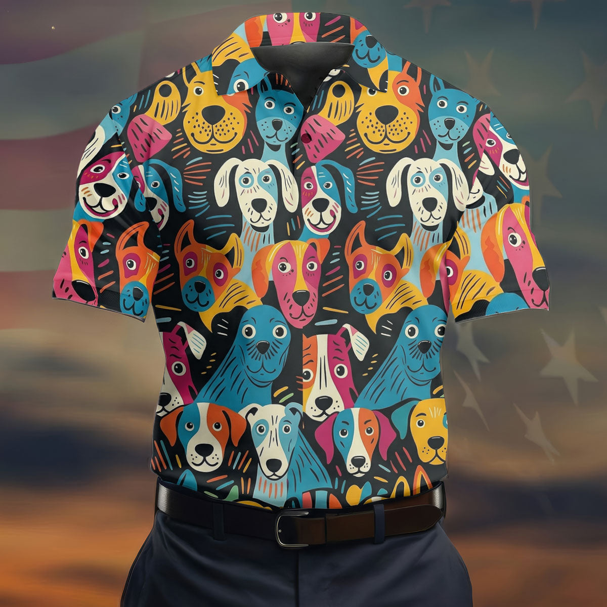 Happy Dog Faces Hawaiian Golf Shirt, Funny Golf Shirt, Abstract Animal Golf Shirts For Men