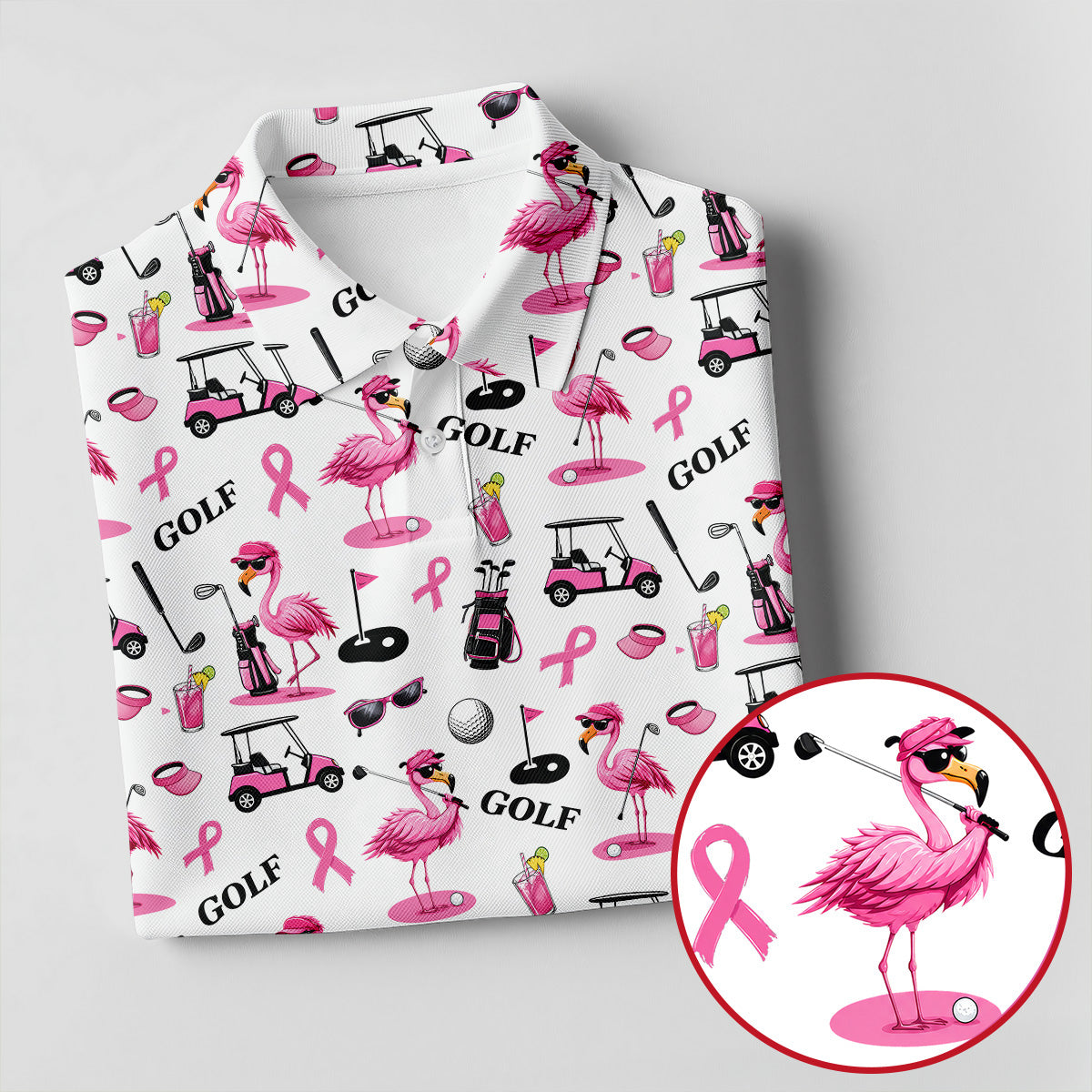 Pink Flamingo Golf Breast Cancer Polo Shirt, Golf Tops For Women, Ladies Golf Shirts