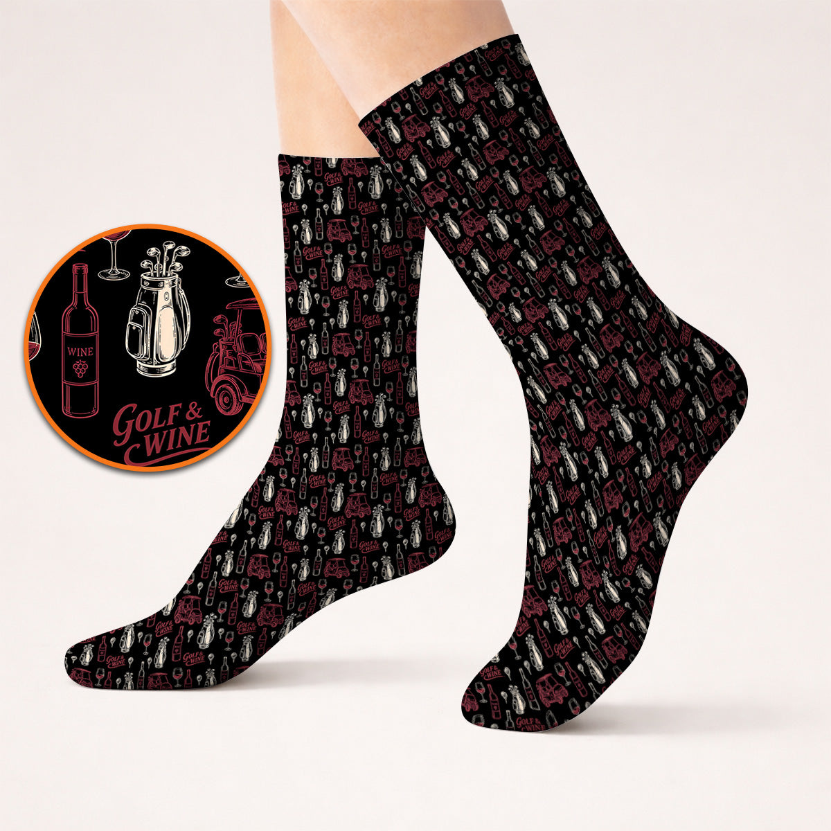 Funny Golf & Wine Pattern Golf Socks, Funny Golf Sock For Wine Lover, Golf Gift For Golfer