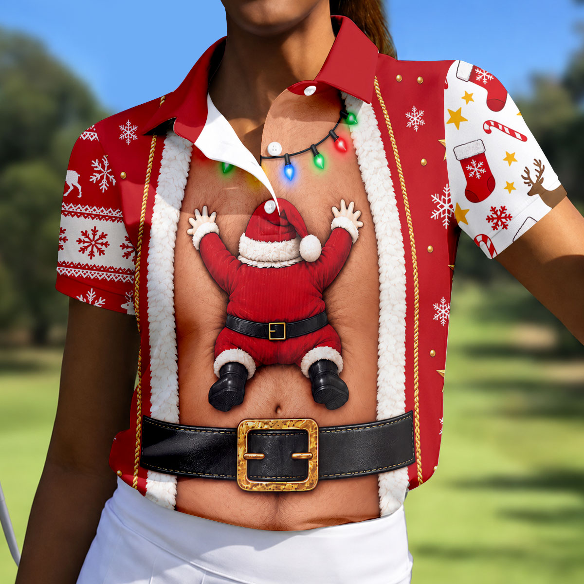 Santa Stuck In Belly Christmas Golf Shirt, Golf Shirts For Women, Womens Golf Tops