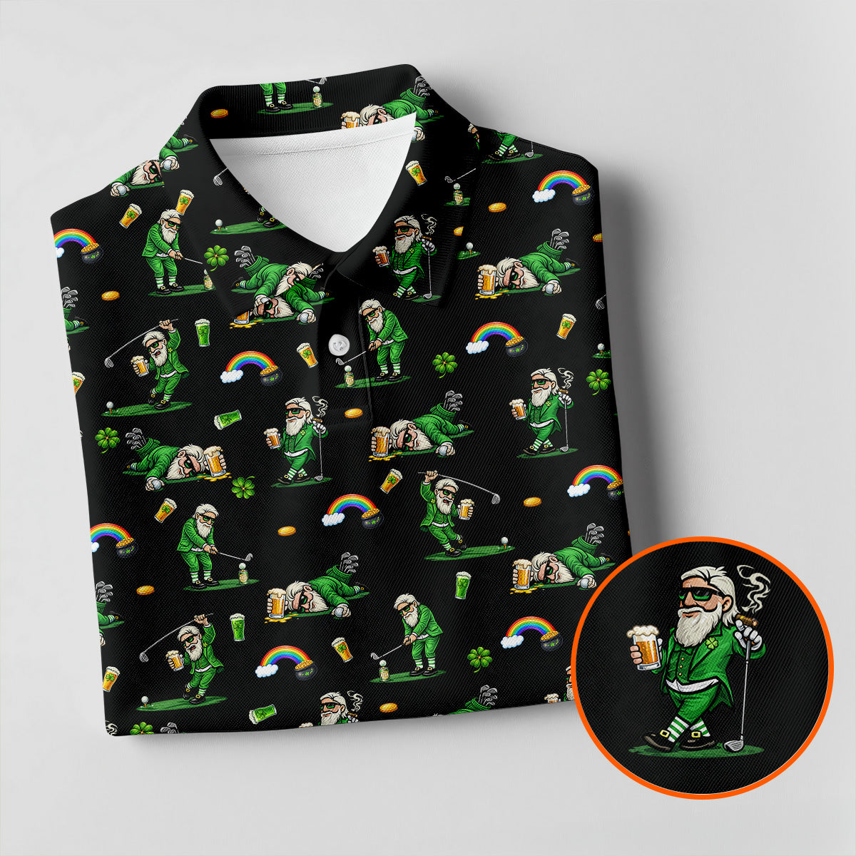 St Patrick's Day Leprechaun Character Golf And Beer Black Golf Shirt, Fun Women's Golf Shirts, Ladies Golf Polos