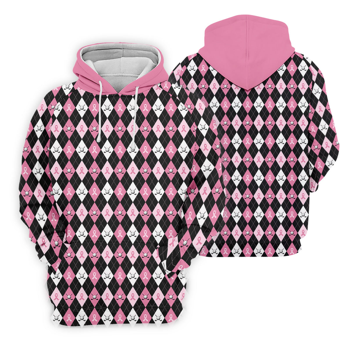 Black Pink Argyle Men's Golf Polo Shirt, Breast Cancer Golf Shirt, Golf Gift For Men, Matching Golf Shirts