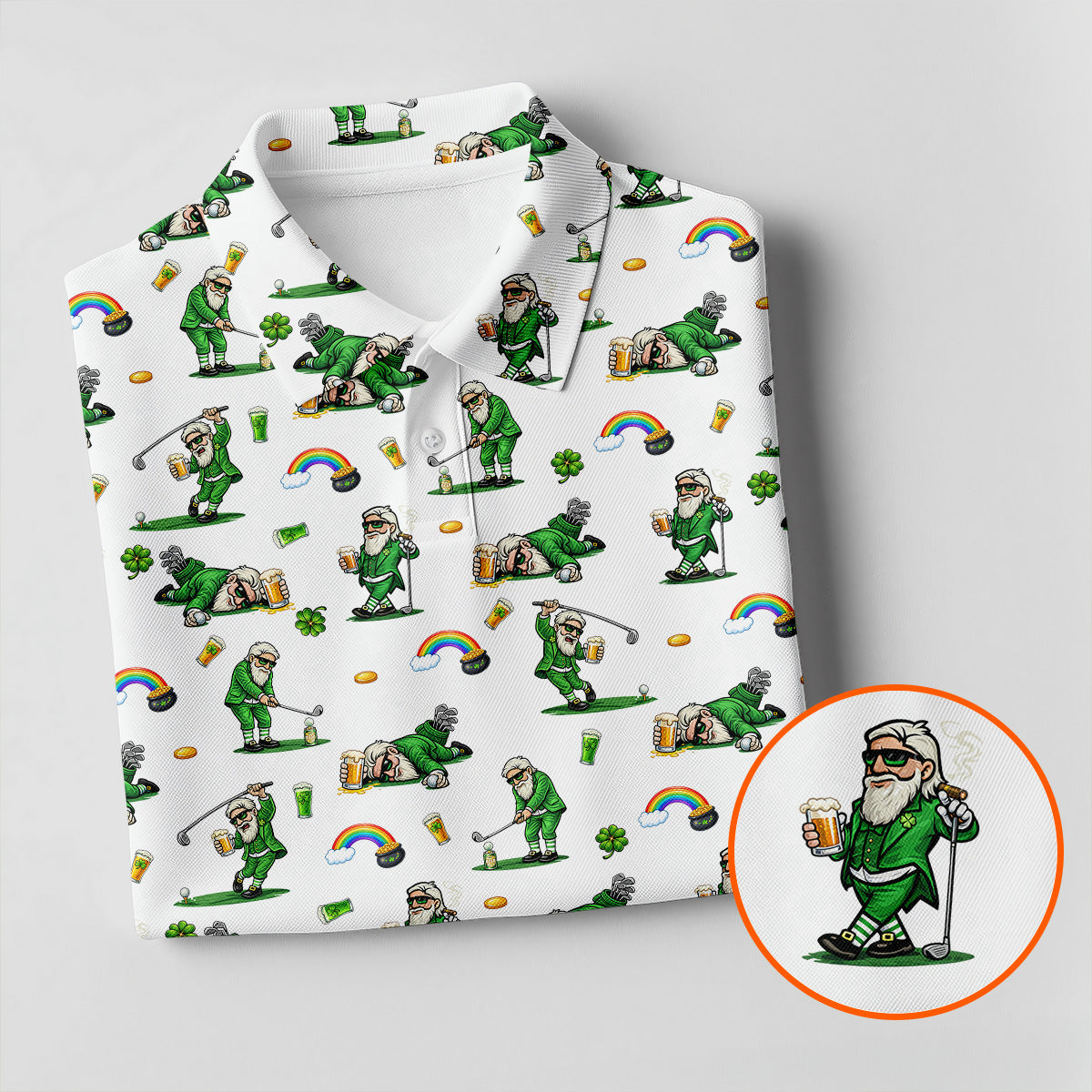 St Patrick's Day Leprechaun Character Golf And Beer White Golf Shirt, Fun Golf Shirts For Men, Polo For Men