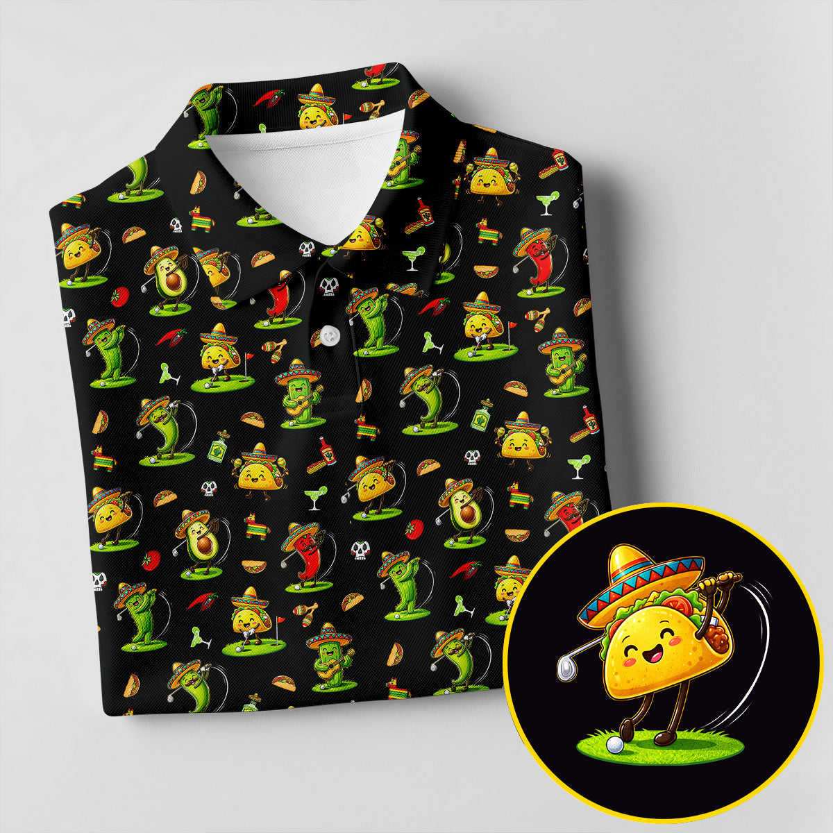 Mexican Cartoon Food Characters Cinco De Mayo Celebration Fiesta Themed Black Golf Shirts For Men