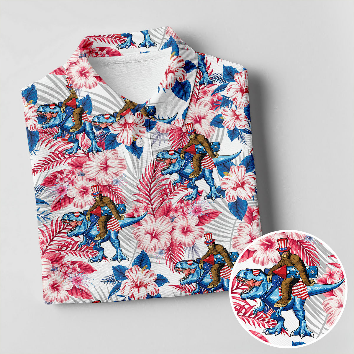 Patriotic T-Rex Bigfoot Hawaiian Floral Golf Shirt, 250 Years 4th Of July Golf Shirt For Women