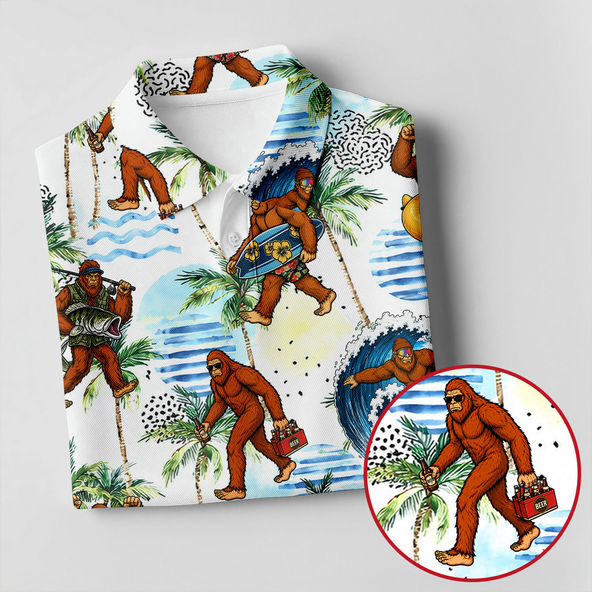 Tropical Bigfoot Surfing Fishing Beach Golf Shirt, Hawaiian Golf Shirt, Golf Apparel For Men, Mens Golf Shirts