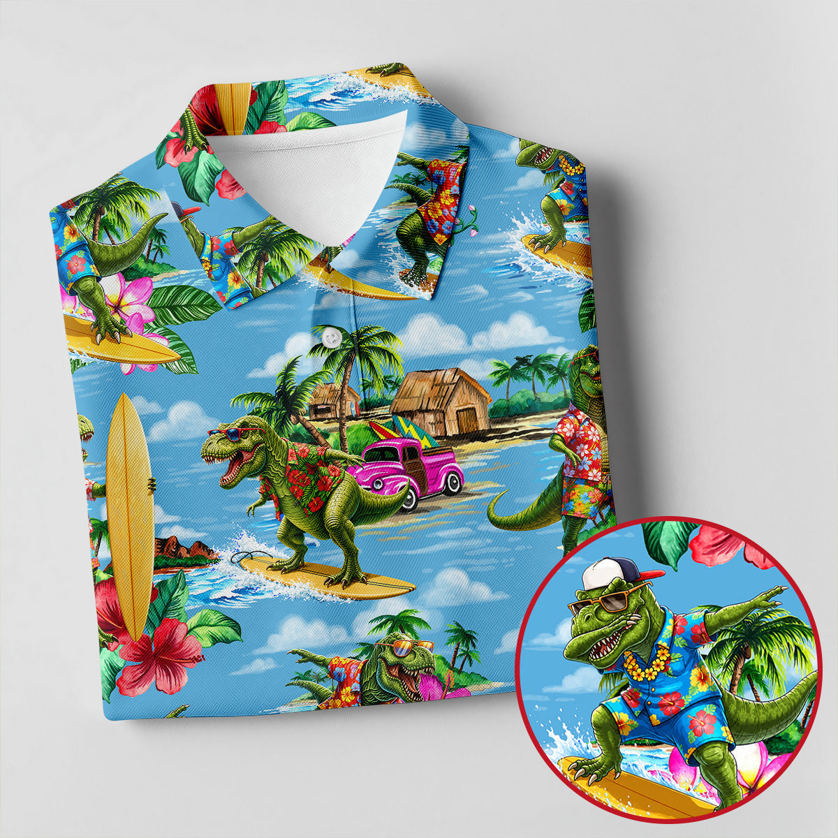 Hawaiian T Rex Surfboard Beach Hawaiian Golf Shirt, Mens Golf Polo, Printed Golf Shirts
