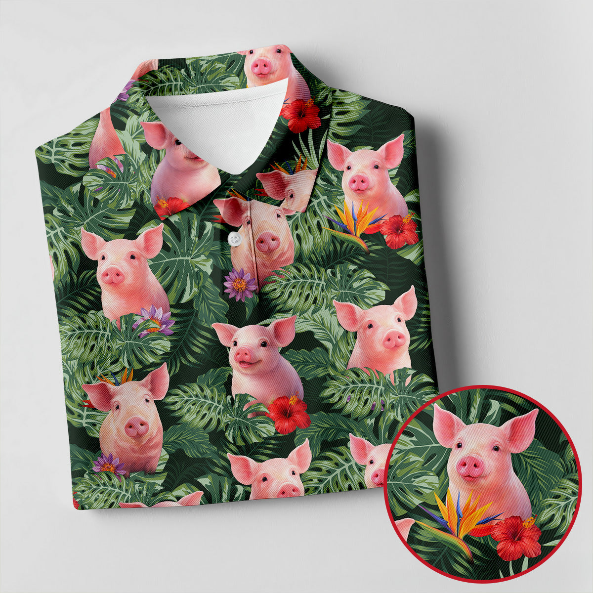 Cute Pig Tropical Monstera Hawaiian Golf Polo Shirt, Golf Shirts For Women, Women's Golf Apparel