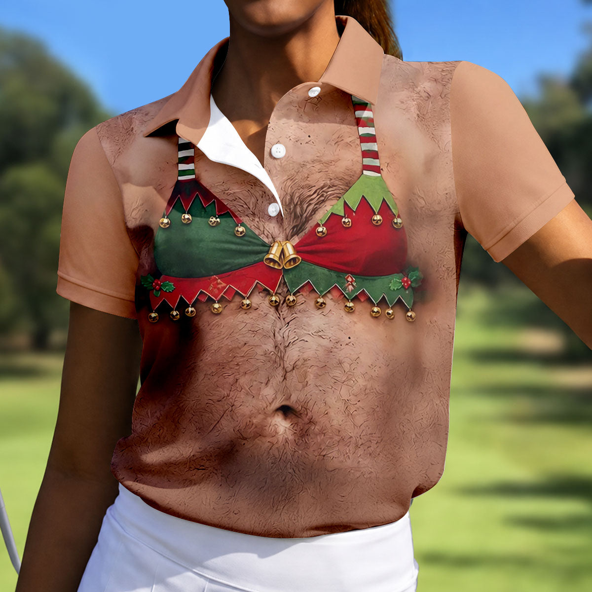 Funny Elf Bra Bells Christmas Golf Shirt, Women’s Golf Polo, Golf Tops For Women