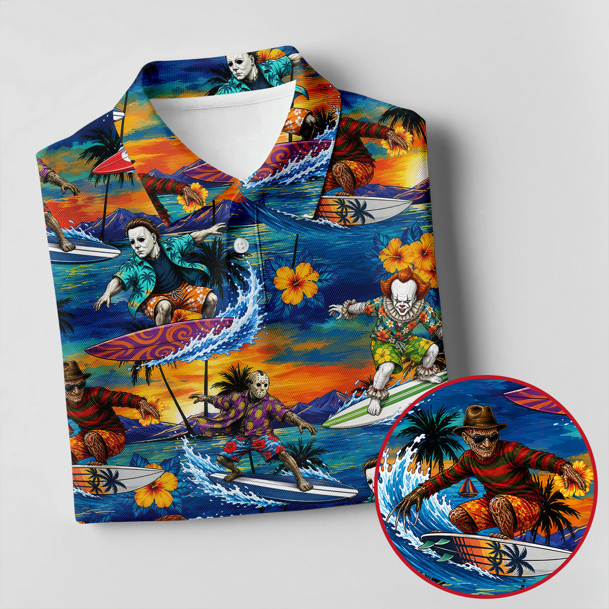 Retro Horror Character Villains Surfing Sunset Waves Golf Polo Shirt, Mens Golf Polo, Printed Golf Shirts