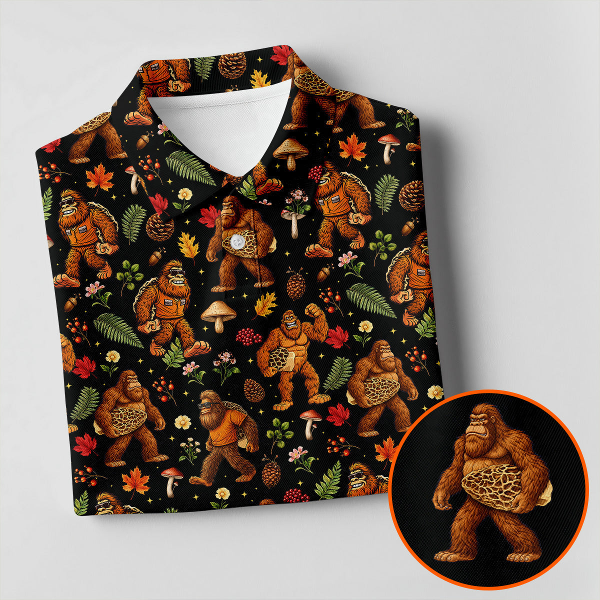 Autumn Bigfoot Forest Pattern Polo Shirt, Mens Golf Apparel, Hawaiian Golf Shirt, Printed Golf Shirts