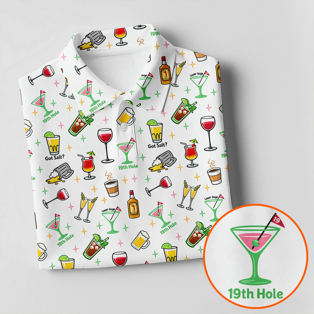 19th Hole Cocktail Drinks Pattern Golf Shirt, Mens Golf Polo, Printed Golf Shirts