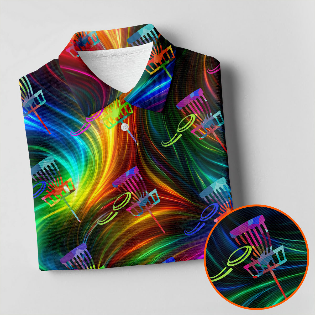 Colorful Disc Golf Basket Swirl Pattern Polo Shirt, Women’s Golf Tops, Hawaiian Golf Shirt, Performance Golf Shirt