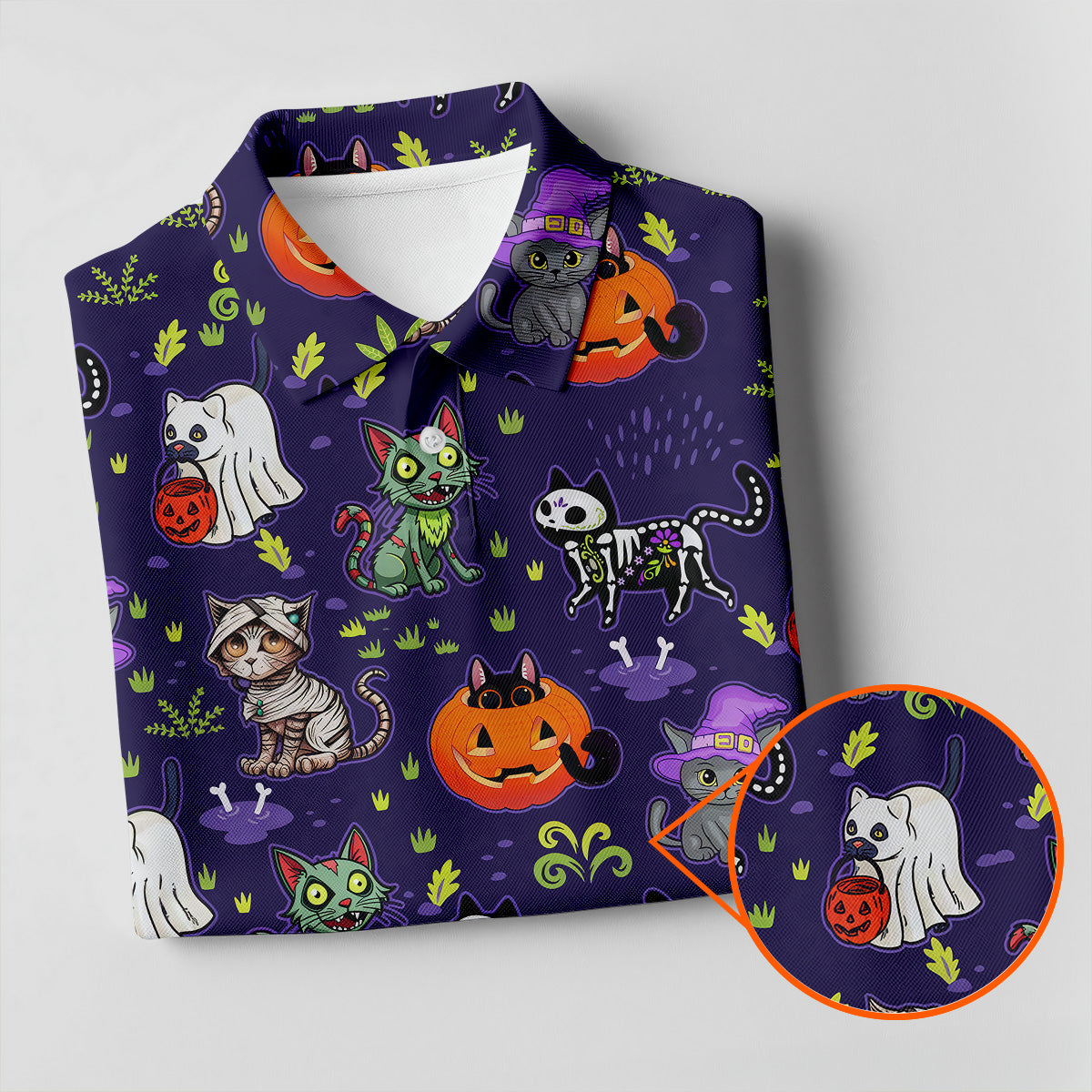 Purple Halloween Cats And Pumpkin Fun Men's Golf Polos, Cute Golf Outfit, Polo ShirtFor Men