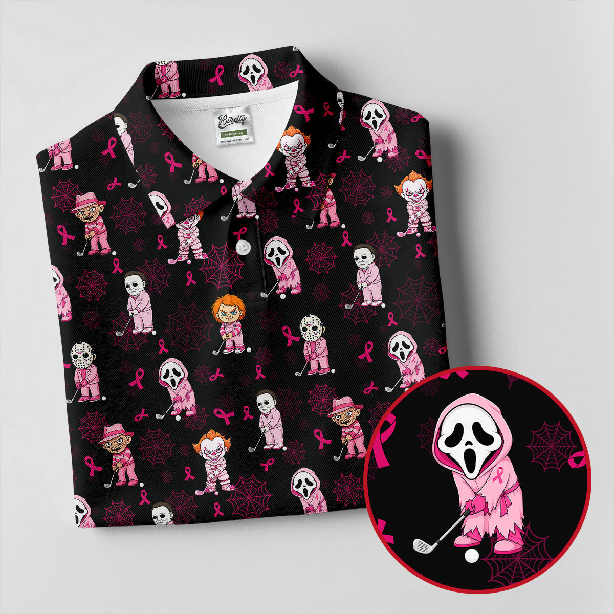 Black Halloween Horror Breast Cancer Polo Shirt, Women's Golf Polo, Golf Tops For Women