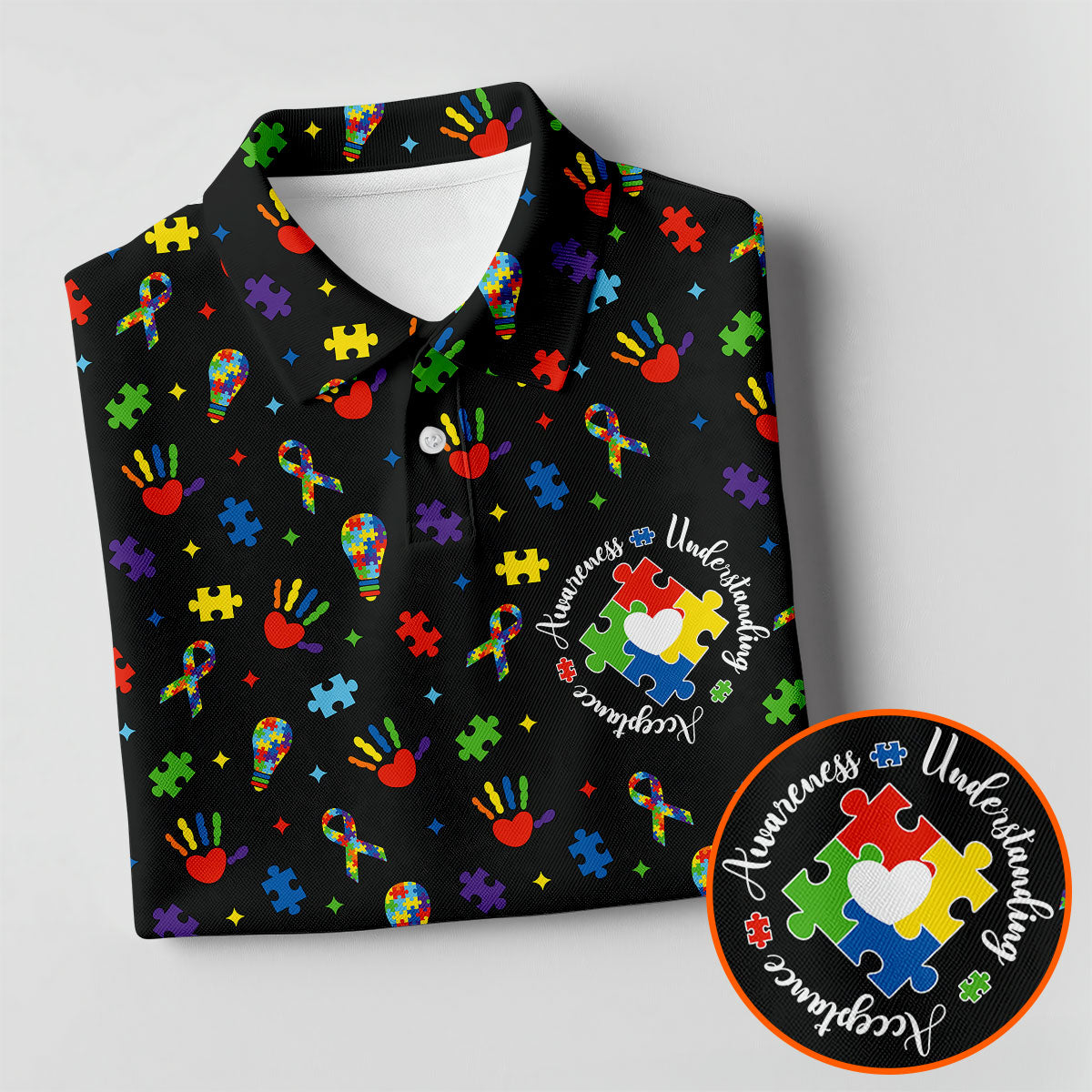Awareness Understanding Acceptance Autism Ribbon Black Golf Shirt, Autism Awareness Colors Golf Shirts For Men