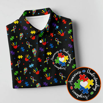Awareness Understanding Acceptance Autism Ribbon Black Golf Shirt, Autism Awareness Colors Golf Shirts For Men