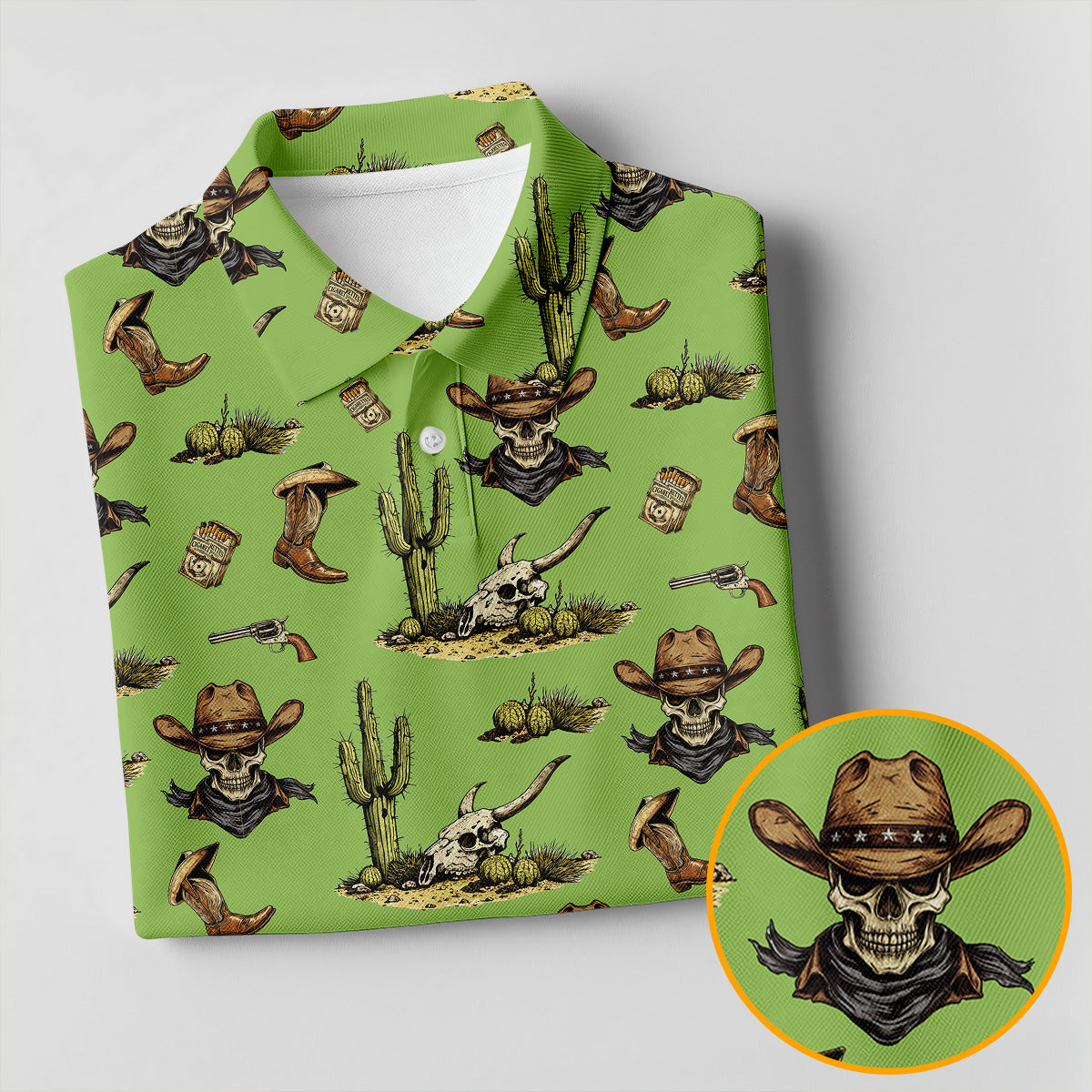 Cowboy Skeleton Longhorn Cow Skull Western Theme Sage Green Golf Tops For Men, Golf Shirts For Men