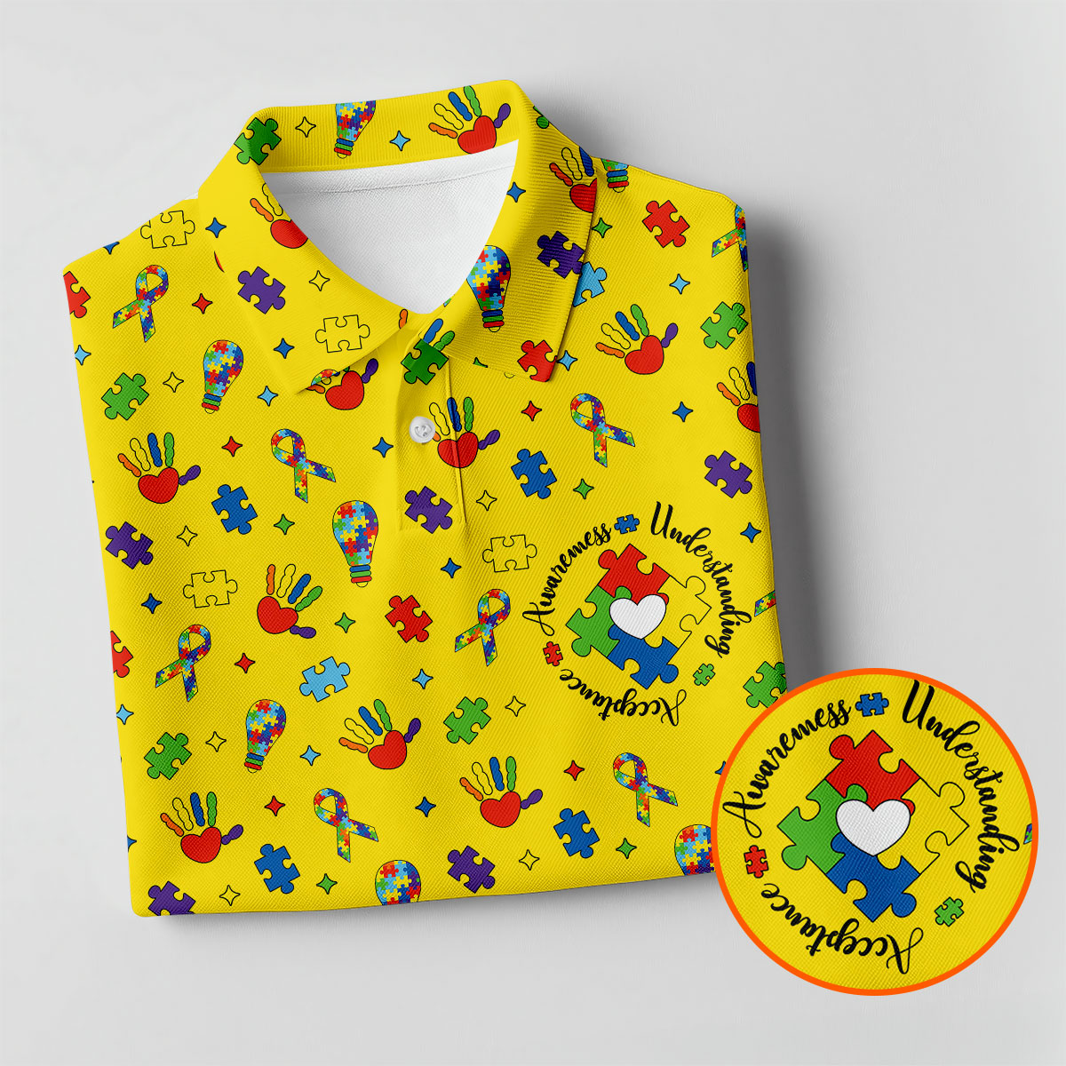 Awareness Understanding Acceptance Autism Ribbon Yellow Golf Shirt, Autism Awareness Colors Golf Shirts For Men