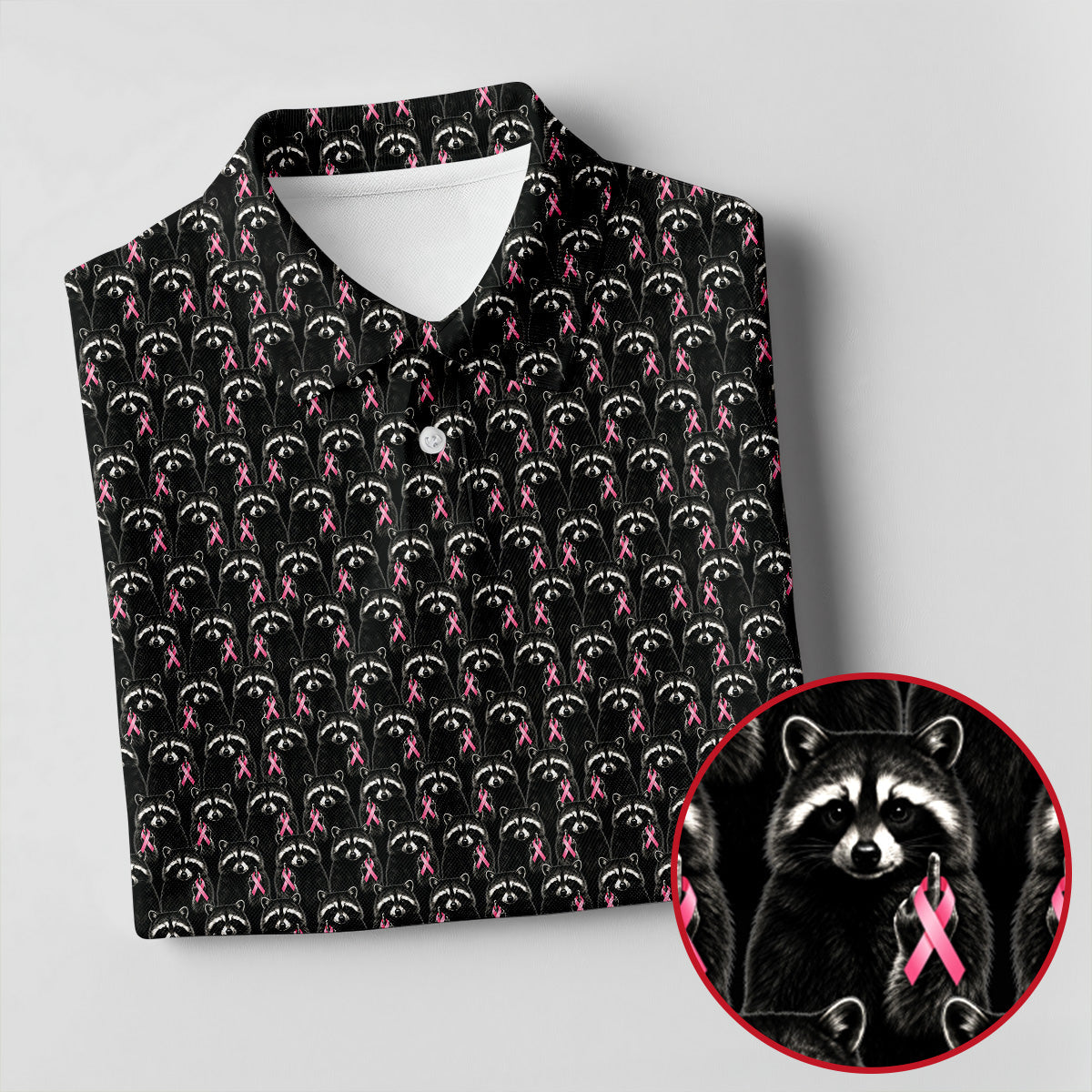 Funny Rude Pink Raccoon Breast Cancer Polo Shirt, Ladies Golf Tops, Women's Golf Apparel