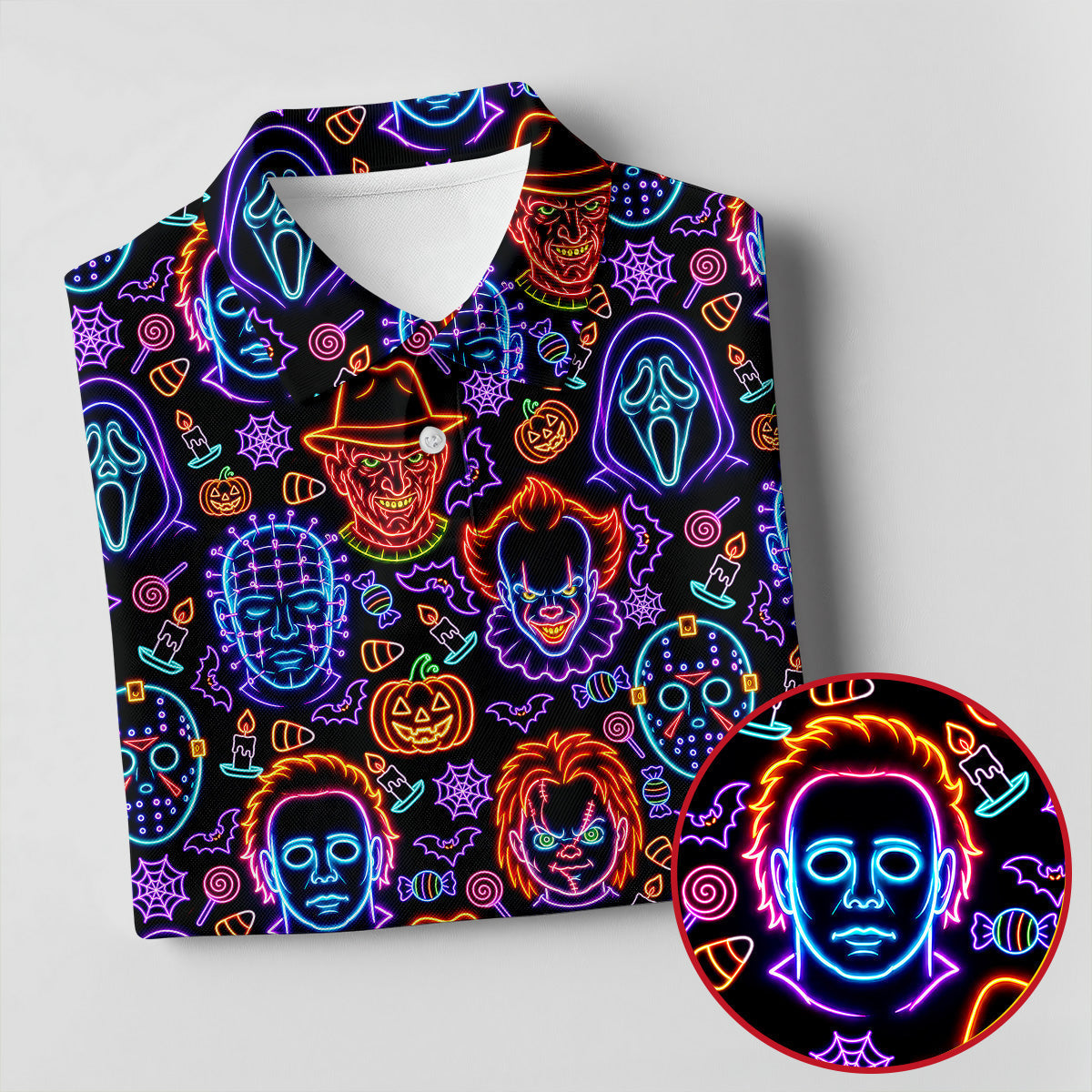 Neon Horror Character Movie Villain Pattern Golf Polo Shirt, Women's Golf Polo, Ladies Golf Shirts