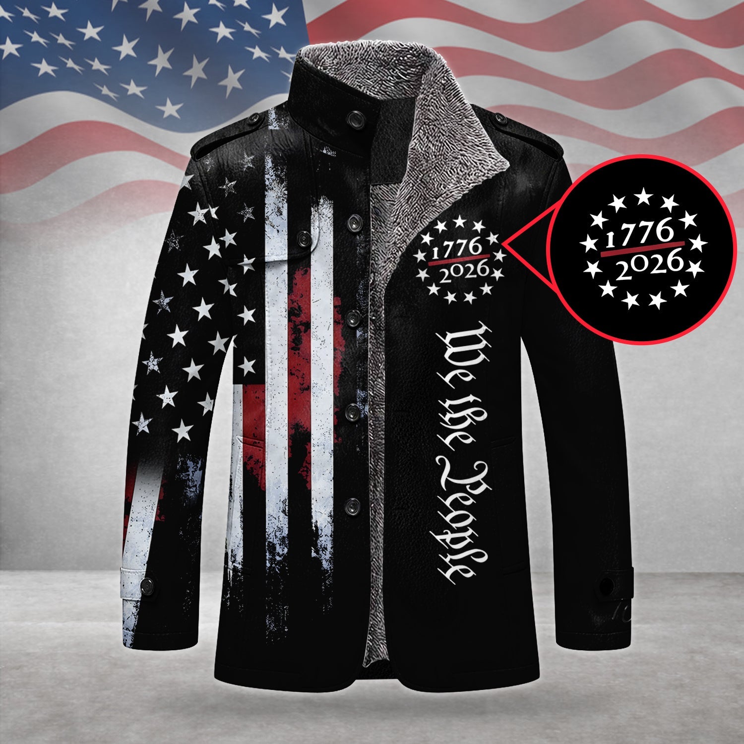 We The People 250 Years Distressed Flag Men's Cold Premium Weather Jacket, Leather Trench Coat