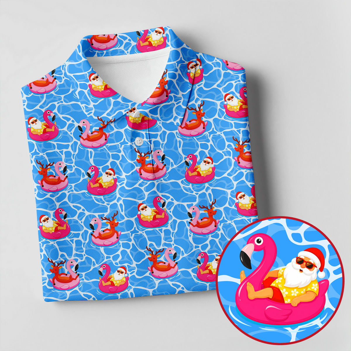 Santa Flamingo Pool Float Christmas Golf Shirt, Men's Golf Shirt, Hawaiian Golf Shirt, Printed Golf Shirts