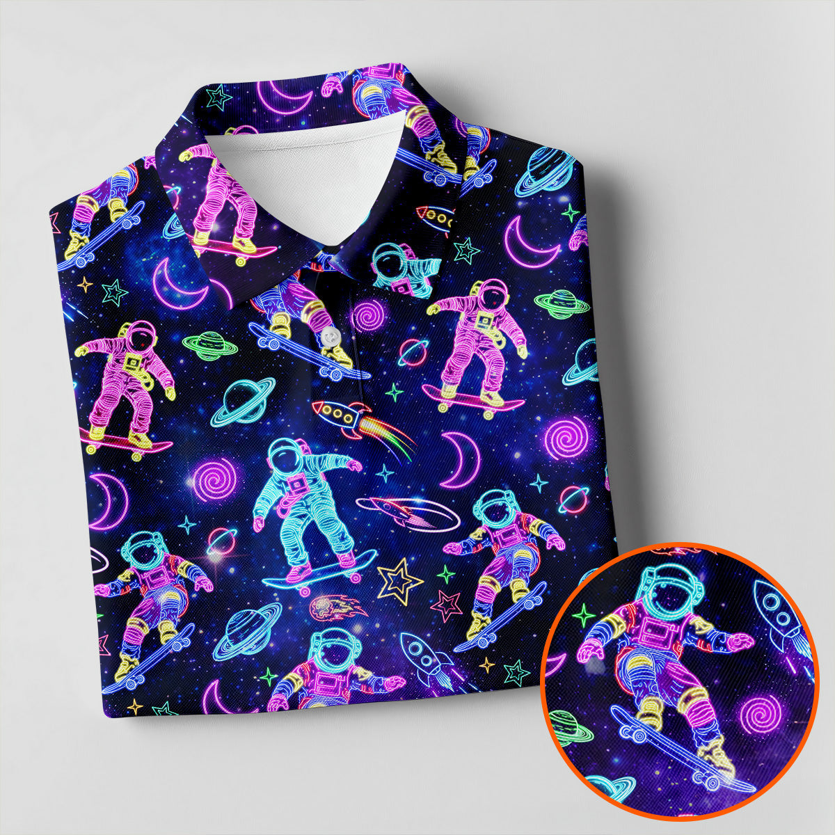 Neon Astronaut Skateboarding Galaxy Polo Shirt, Women’s Golf Polo, Golf Shirts For Women, Printed Golf Shirt