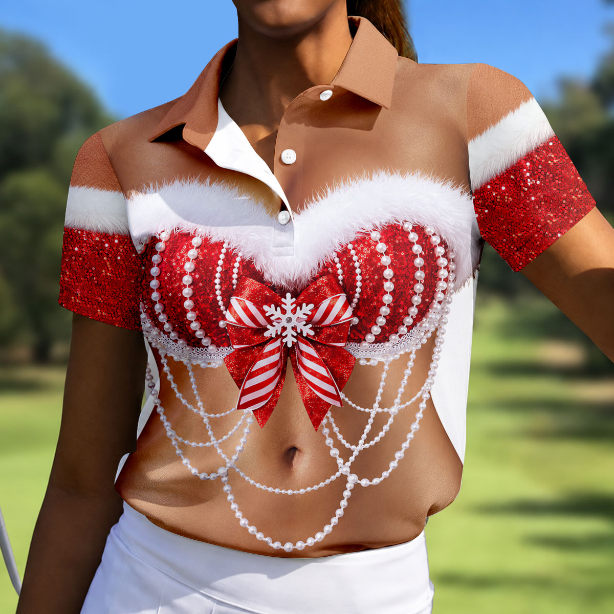 Sexy Santa Bra And Pearls Christmas Golf Shirt, Womens Golf Tops, Ladies Golf Shirts